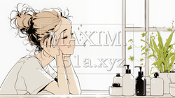洗面所で朝の洗顔をする女性（シンプルな色使い） | 9473574-16867