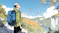 秋の野山をハイキングしている若い男性｜9479638-16552