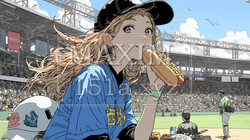 野球などの屋外スポーツを観戦しながら、ホットドッグを頬張る若い女性。