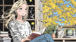 読書の秋：リビングルームで本を読んでいる若い女性｜9480265-4964