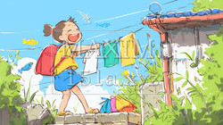 小学生の夏の思い出：選択のお手伝い（クレヨン＋水彩画風）