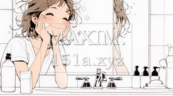 洗面所で朝の洗顔をする女性（シンプルな色使い） | 9492362-16863