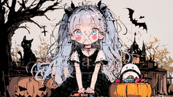 キモかわいいハロウィーンコスプレの女の子（クレヨンと水彩画風） | 9492990-12197