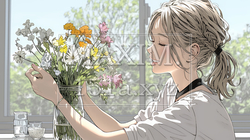 おもてなし（優しい心遣い）：来客のために花瓶に花を生ける若い女性｜9495566-17099