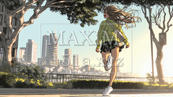 喜びにあふれ、軽やかにスキップする若い女性 | 9495566-17009