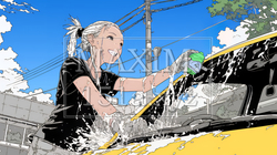 晴れた日に洗車をする若い女性｜青空と水しぶきの爽やかなライフスタイルシーン | 9495566-17728