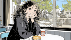 早朝のダイナー（喫茶店）でパンケーキ（モーニングセット）を食べる若い女性｜
