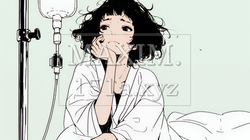 病院のベッドに腰掛けて気落ちしている女性（シンプルな色使い）｜9503481-12178