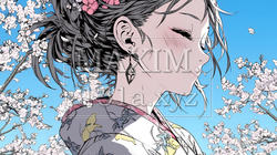 満開の桜の木の下を歩く若い女性