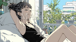 のんびり・ゆったり：朝日を浴びベッドで寛いでいる若い女性｜9531438-9550