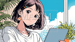 沖縄の海辺のオフィスでタブレットを操作している若い女性