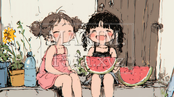 小学生の夏の思い出：仲の良い友だちとスイカ割り（クレヨン＋水彩画風）