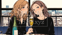 昼間の女子会：昼間からスパークリングワインを飲む仲良しな二人