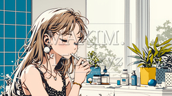 洗面所で朝の歯磨きをする若い女性