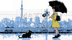 雨の中を歩く女性（シンプルな色使い）｜9624147-9254