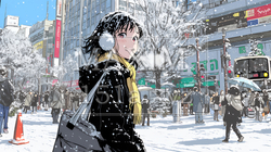 雪の積もる冬の都会を散策している若生女性