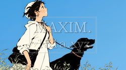 愛犬と散歩している若い女性（シンプルな色使い）｜9443097-10867