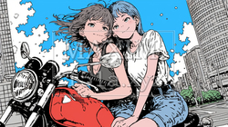 オートバイに二人乗りをしようとしている若い女性たち