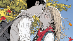 秋の紅葉の下でキスをしている若い恋人たち｜9584150-3811