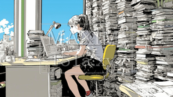 膨大な資料に取り囲まれて黙々と作業をしている若い女性｜9593547-1031