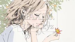 落ち葉をつまんで眺める若い女性｜秋を感じる女性のイラスト（パステル調）｜9447620-20485