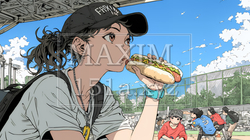 野球などの屋外スポーツを観戦しながら、ホットドッグを頬張る若い女性。｜9600763-14509