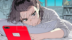 寝ようとしているときに嫌なメールを受け取り、不快そうな若い女性 | 960671-7517