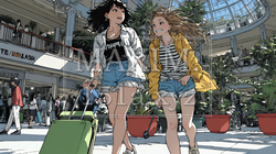 女友達と一緒にショッピングモールを歩き回る若い女性 | 9618946-16777