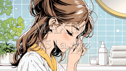 スキンケアを念入りに行う若い女性