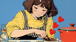 バレンタインプレゼント用のチョコレートを一生懸命作っている若い女性