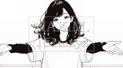 両手を広げて歓迎・驚きの仕草をしている若い女性（シンプルな色使い）