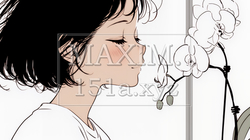 蘭の花と若い女性（シンプルな色使い）｜