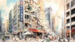 都市を直撃する地震：都市直下型地震の水彩画 | 9642172-18395