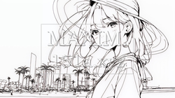 一人旅の若い女性と夏のビーチの風景（シンプルな色使い）