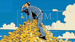 マネーゲームの勝者：金貨の山の登頂に挑み成功した姿で表現 | 9653549-7097