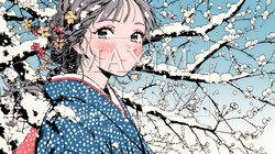 満開の梅の花と和服姿の若い女性｜9656726-13526
