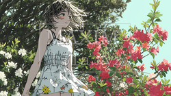 満開のツツジの花と若い女性