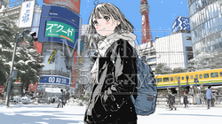 雪の積もる冬の都会を散策している若生女性