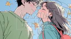 秋の紅葉の下でキスをしている若い恋人たち｜9671795-7133