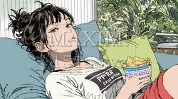 ポテトチップスをつまみながら、ひとりでビデオを観る若い女性｜9671368-16744