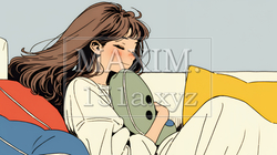 ソファでクッションを抱えてくつろぐ若い女性 | 9671368-16744