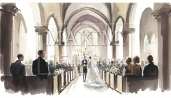 教会での結婚式の水彩画