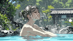 露天風呂に浸かっている若い女性｜9684626-14124