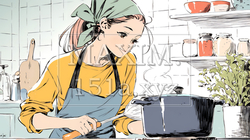 なれない料理に奮闘中の若い女性｜9690935-13219