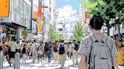 晴れた日に東京の商店街を歩く