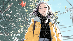 紅葉の秋の公園を歩く若い女性｜979738-17580