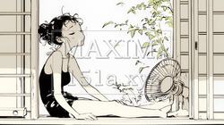 暑い夏の昼下がり、扇風機にあたって涼んでいる若い女性（シンプルな色使い）｜9693510-7662