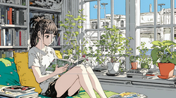 読書の秋：リビングルームで本を読んでいる若い女性｜9695083-15492