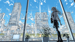 高層ビル群を見下ろすキャリア女性｜9705308-11645