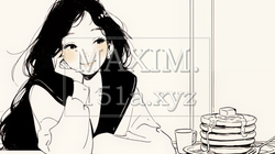 早朝のダイナー（喫茶店）でパンケーキ（モーニングセット）を食べる若い女性（シンプルな色使い）｜9708306-16840